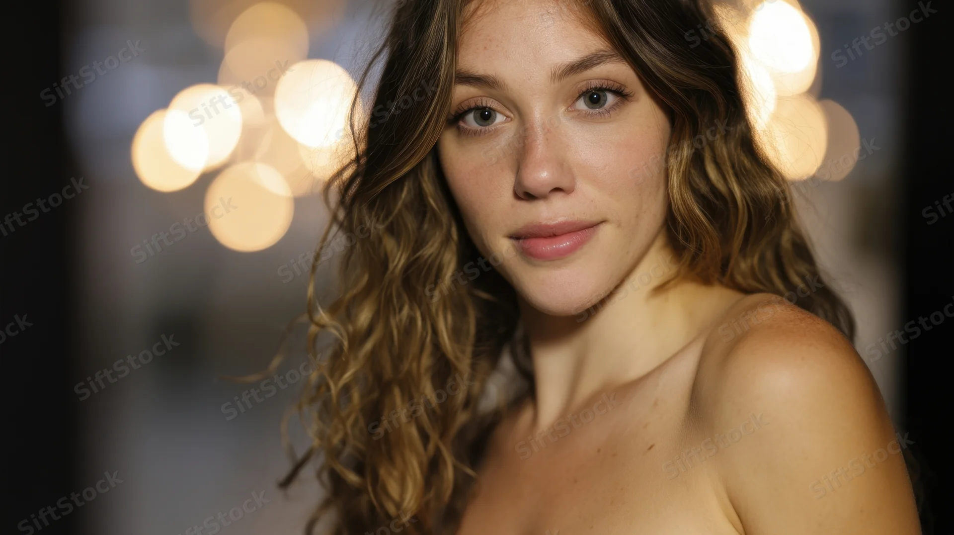 Closeup portrait of a young woman with curly blonde hair and soft gaze, illuminated by warm bokeh lights in a studio setting