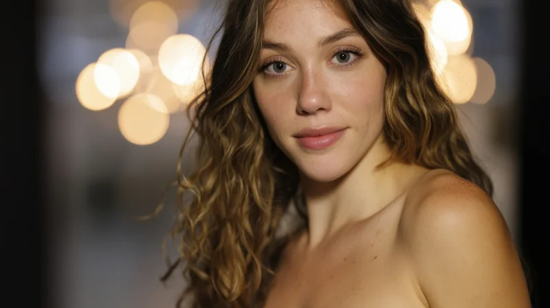 Closeup portrait of a young woman with curly blonde hair and soft gaze, illuminated by warm bokeh lights in a studio setting