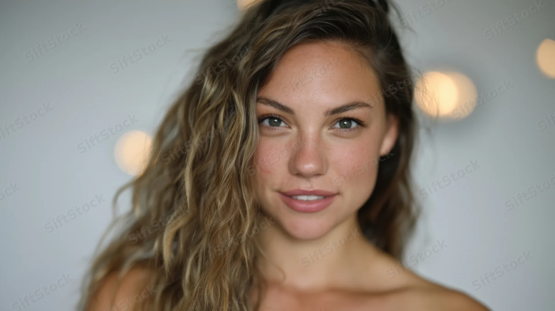 Woman with curly blonde hair smiling softly in a studio portrait with bokeh lights in the background