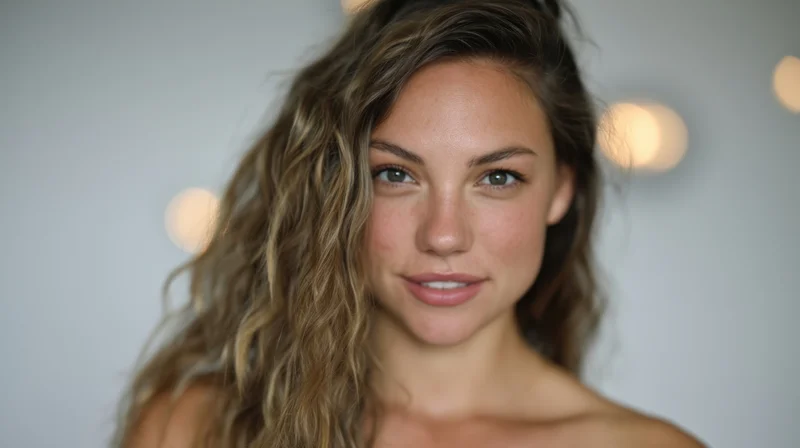 Woman with curly blonde hair smiling softly in a studio portrait with bokeh lights in the background