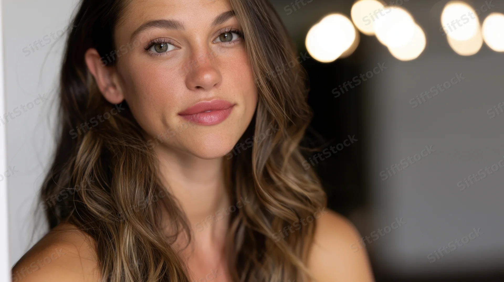 Woman with wavy brown hair and green eyes looking at camera in a softly lit studio setting