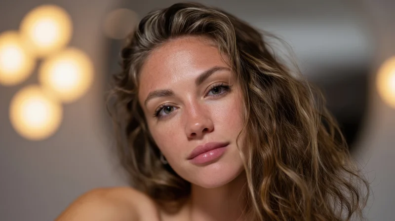 Woman with curly blonde hair looking at camera in studio lighting