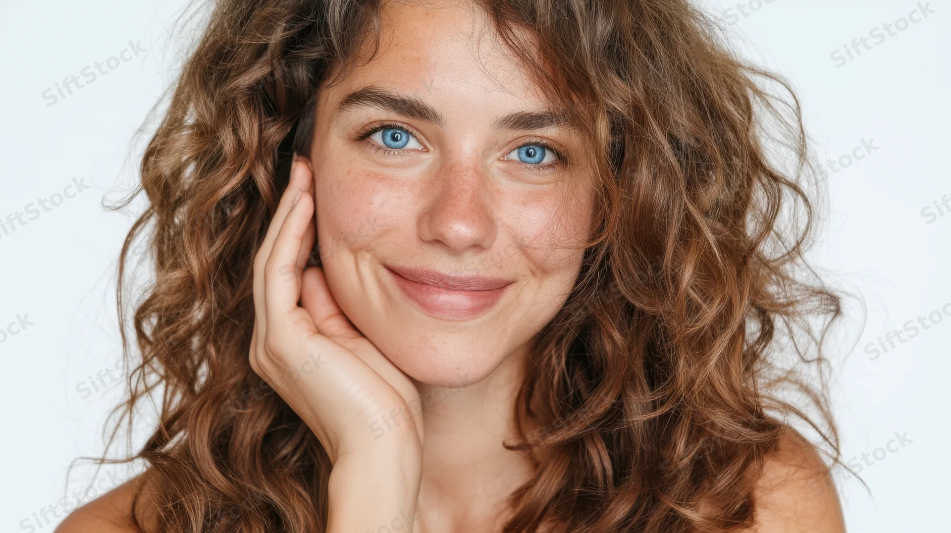 Young woman with curly hair smiling softly while resting her face on her hand against a white background
