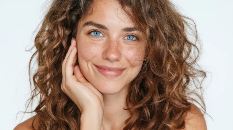 Young woman with curly hair smiling softly while resting her face on her hand against a white background