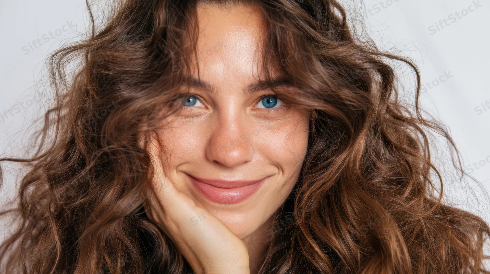Woman with curly brown hair smiling softly with hand on cheek in studio portrait