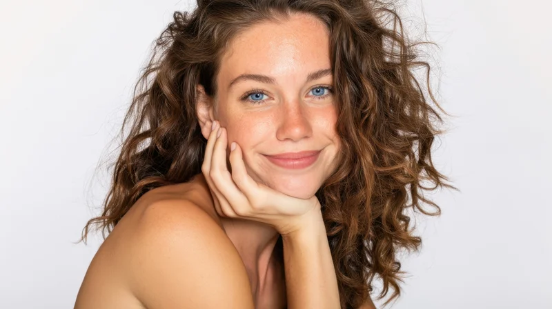 Woman with curly brown hair smiling gently while resting her chin on her hand against a white background