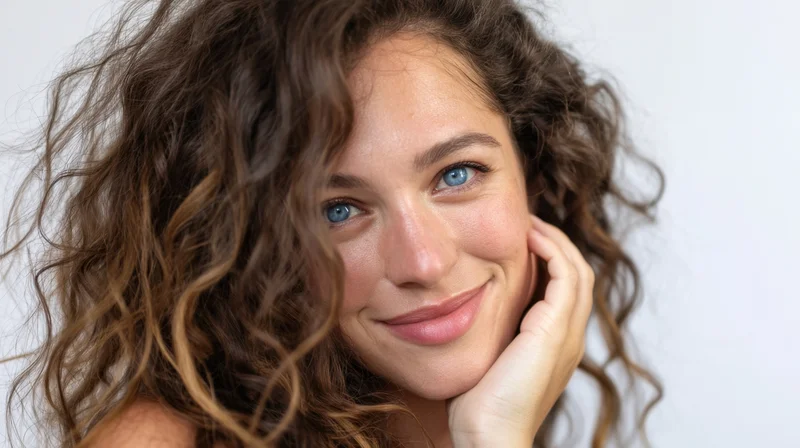 Woman with curly hair smiling gently while resting her face on her hand against a white background