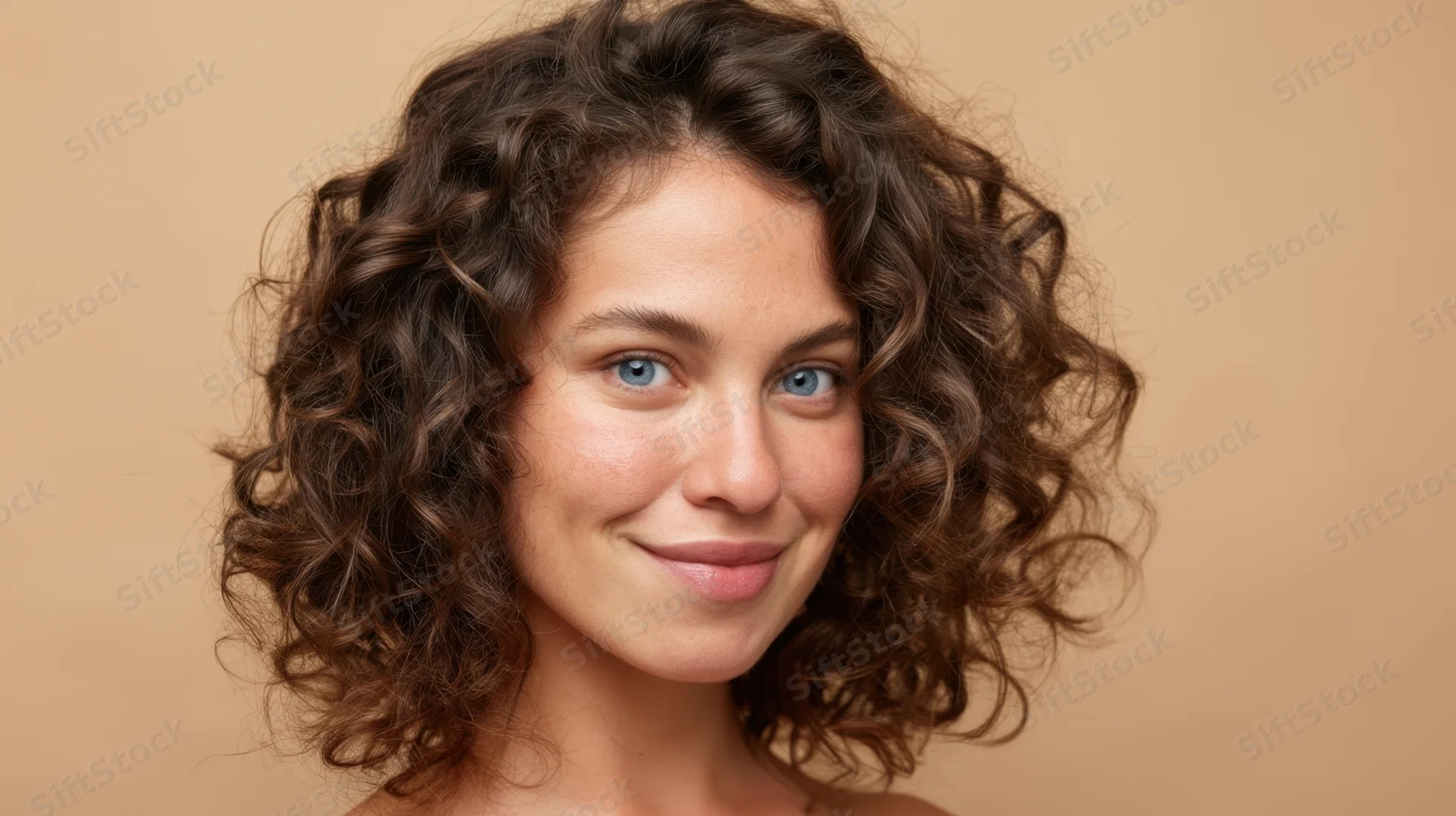 Woman with curly brown hair smiling softly in studio portrait against beige background