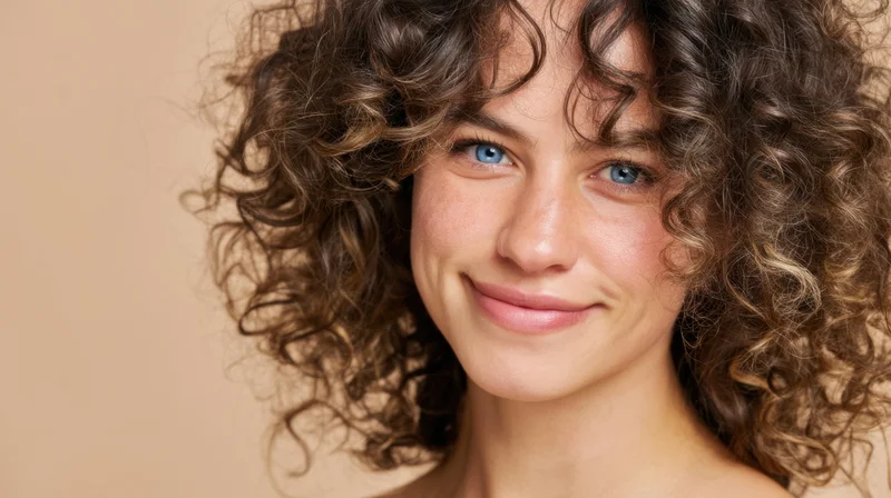 Smiling woman with curly hair and blue eyes in a studio portrait