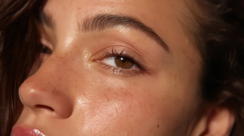 Closeup of a woman's face showing natural glowing skin with freckles and brown eyes