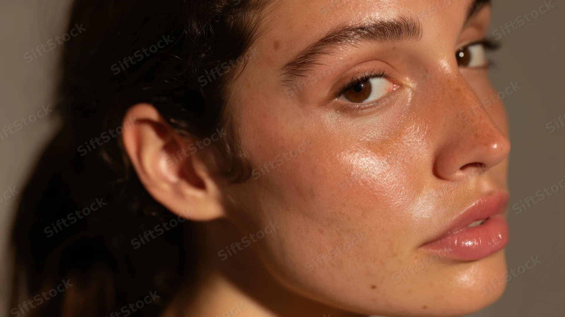 Closeup of a woman's face showing natural glowing skin in soft warm light