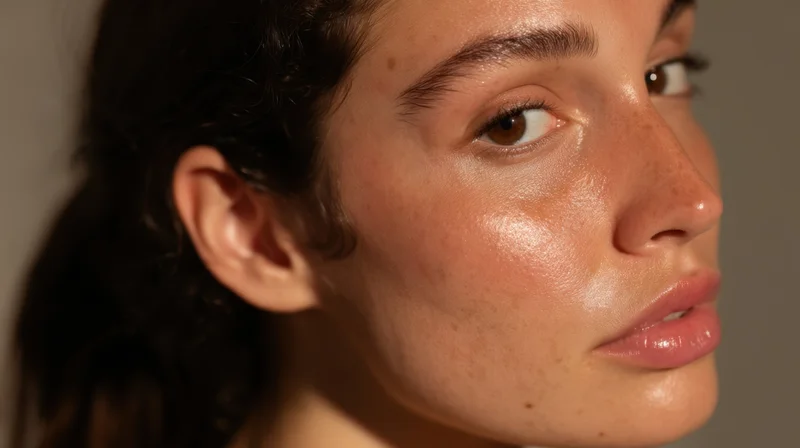 Closeup of a woman's face showing natural glowing skin in soft warm light