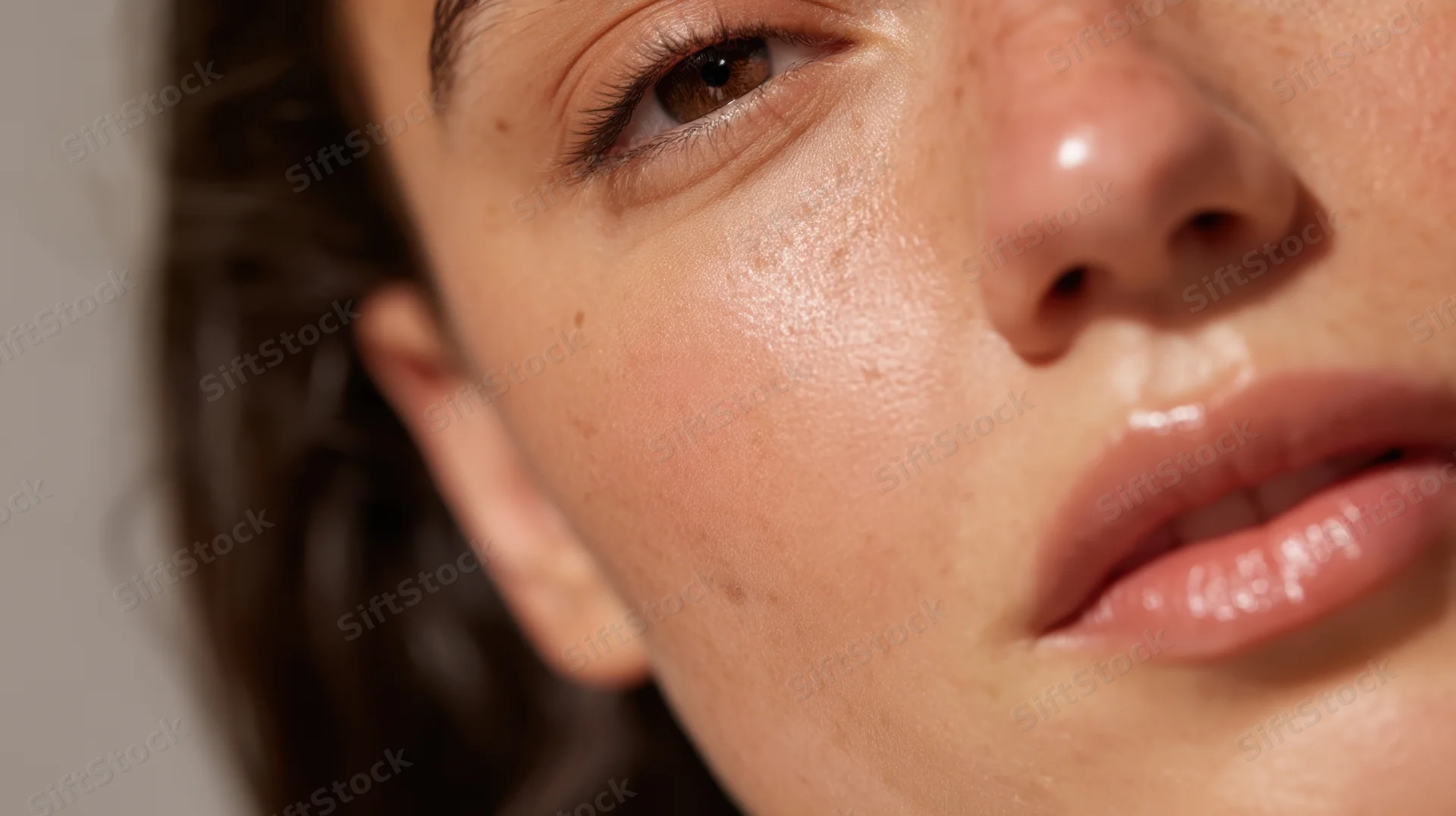 Closeup of a young woman's face showing natural glowing skin with freckles and brown eyes