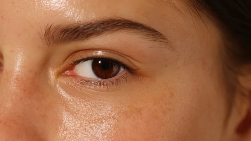 Closeup of a woman's eye with freckled skin and brown iris, showing natural glow and texture