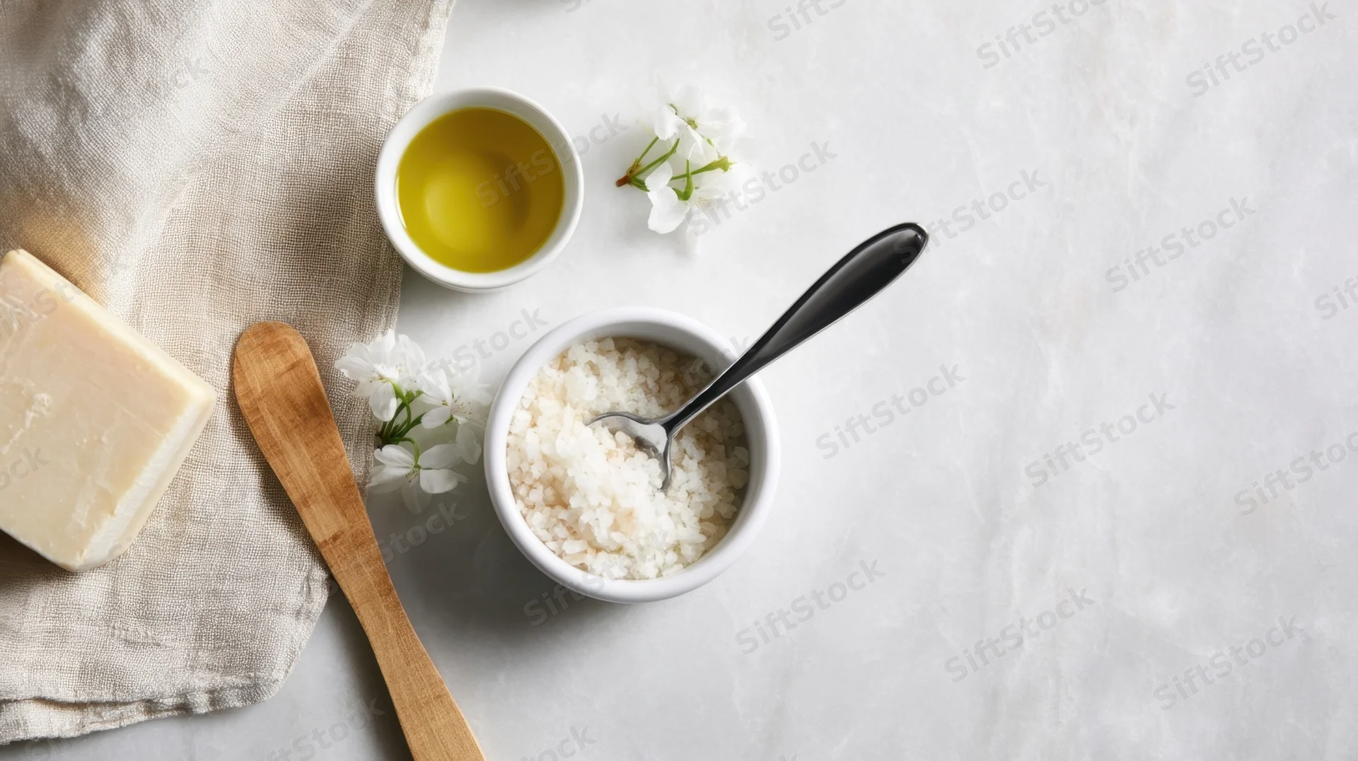 Natural skincare ingredients arranged on a light surface with soap, oil, cream, linen cloth and white flowers