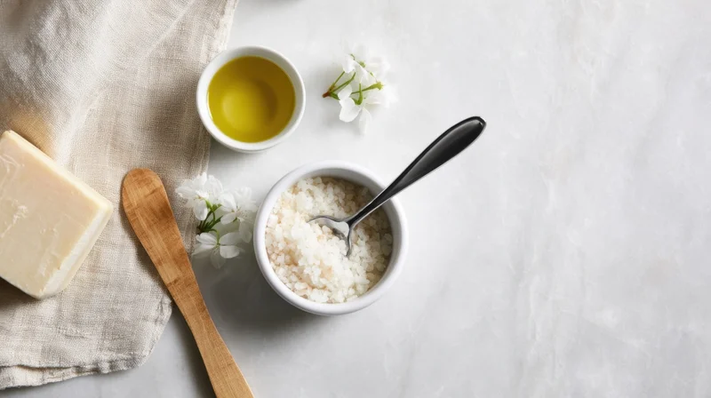 Natural skincare ingredients arranged on a light surface with soap, oil, cream, linen cloth and white flowers