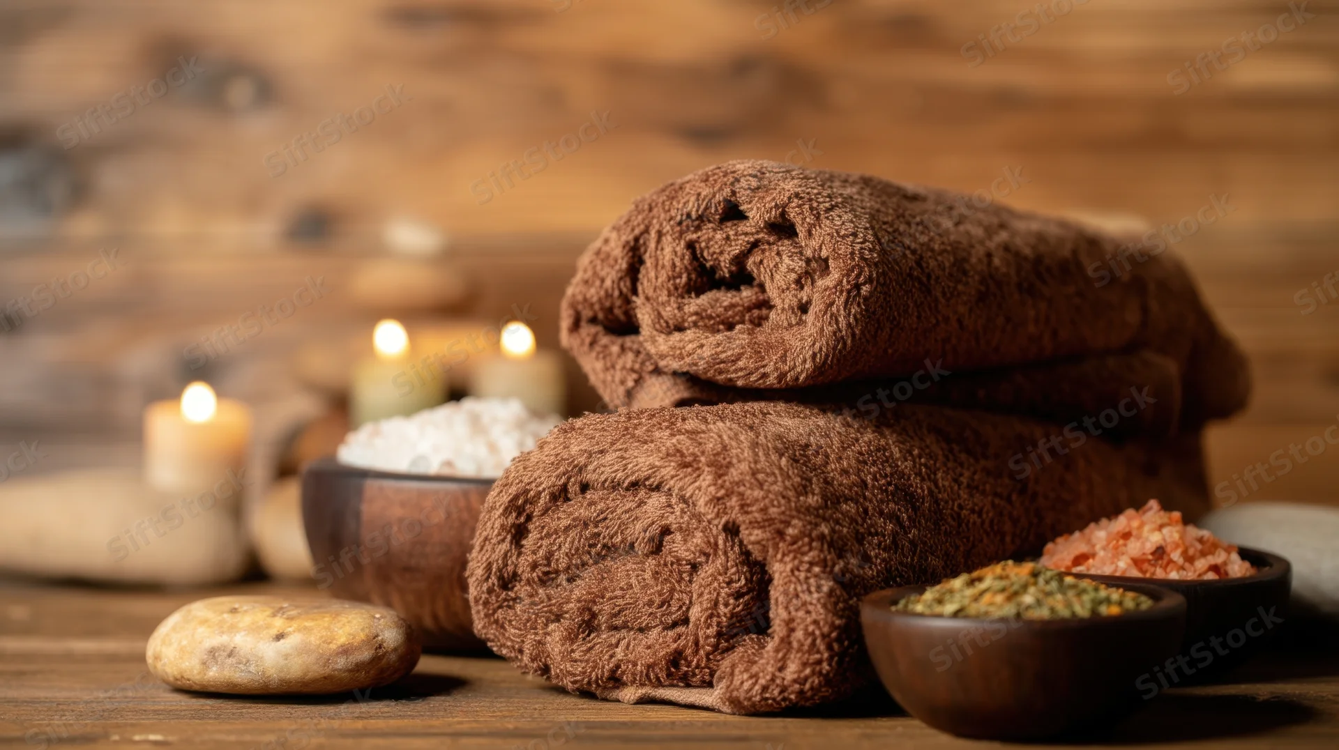 Rolled brown towels stacked on wooden surface with bowls of salt, stones, and lit candles around