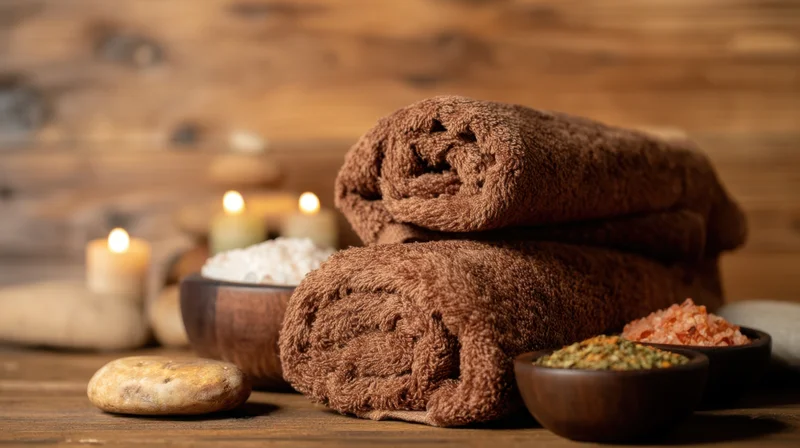 Rolled brown towels stacked on wooden surface with bowls of salt, stones, and lit candles around