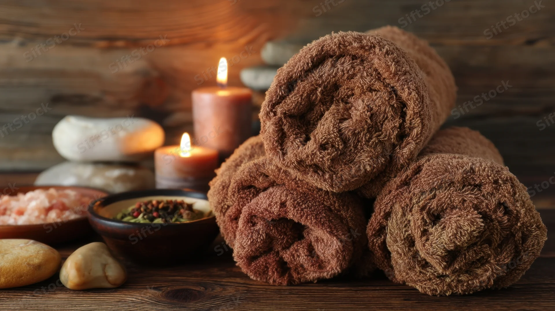 Rolled brown towels stacked on wooden surface with lit candles, bowls of herbs and salt, smooth stones, creating a spa treatment ambiance