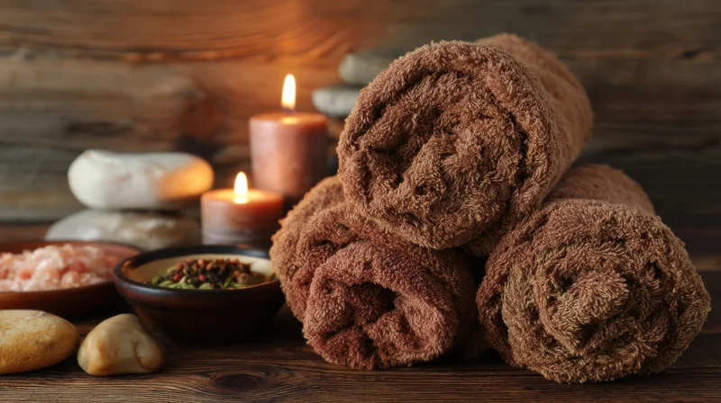 Rolled brown towels stacked on wooden surface with lit candles, bowls of herbs and salt, smooth stones, creating a spa treatment ambiance
