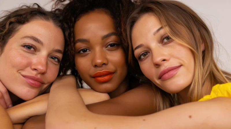 Three diverse women embracing closely in a studio portrait, smiling with visible makeup and natural skin tones