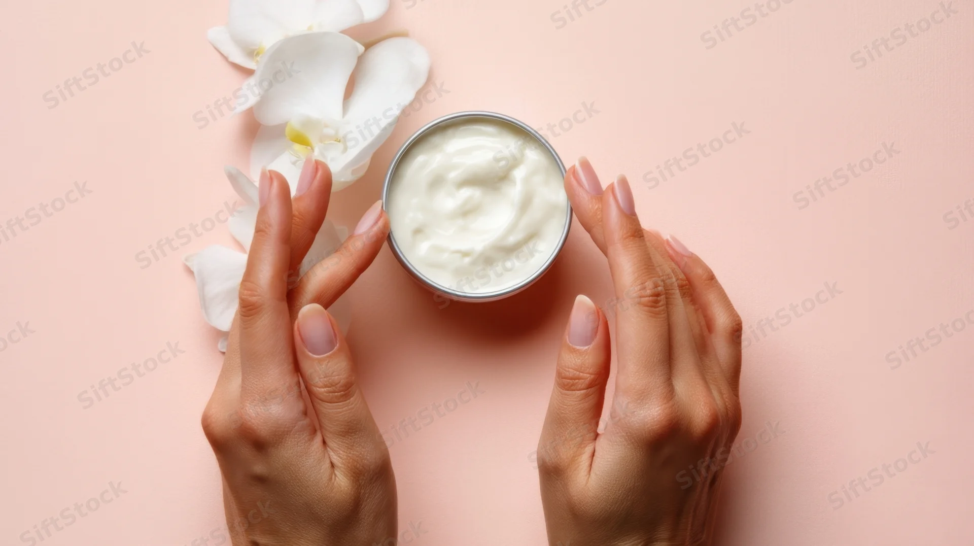Woman's hands near a jar of cream with white orchid petals on a pink surface