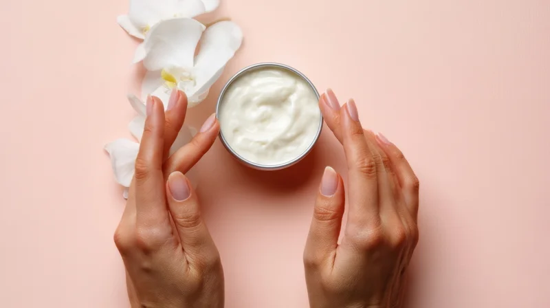 Woman's hands near a jar of cream with white orchid petals on a pink surface