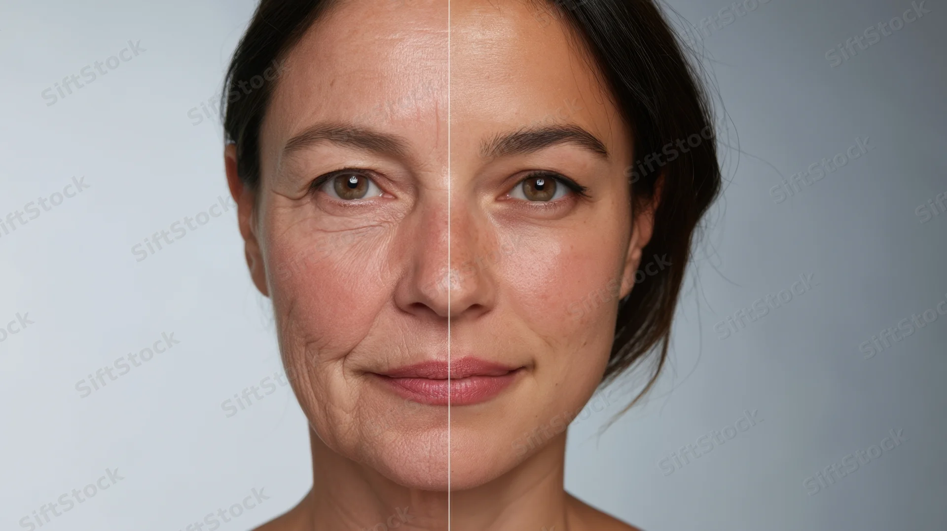 Woman's face split down the middle showing before and after skincare treatment results