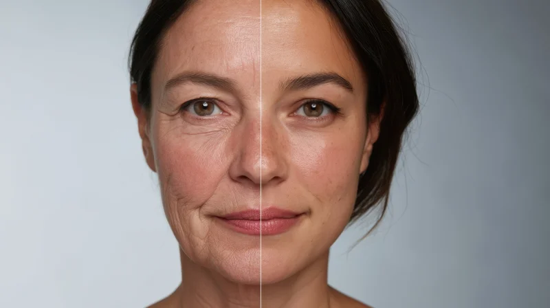 Woman's face split down the middle showing before and after skincare treatment results