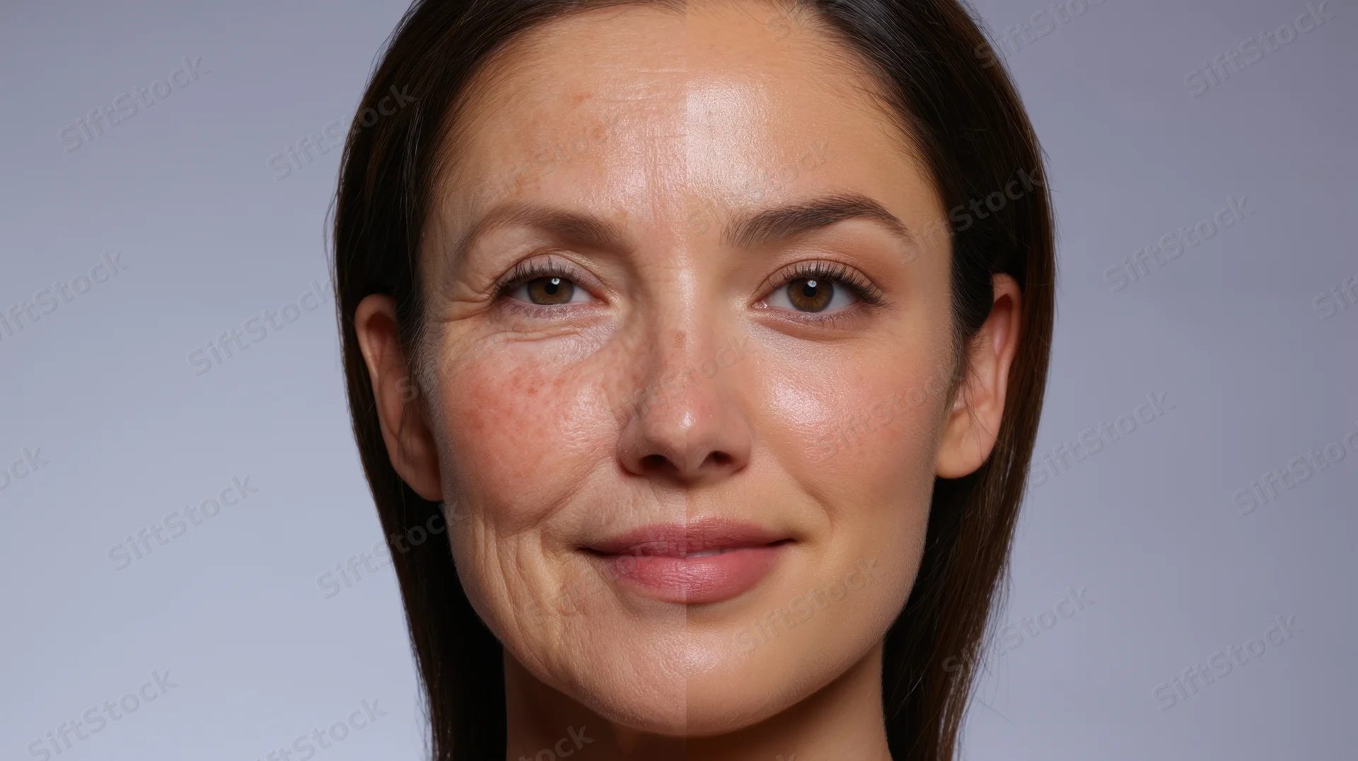 Woman's face split showing before and after skincare treatment comparison