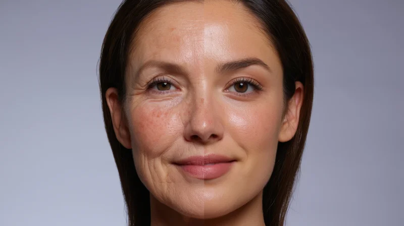 Woman's face split showing before and after skincare treatment comparison