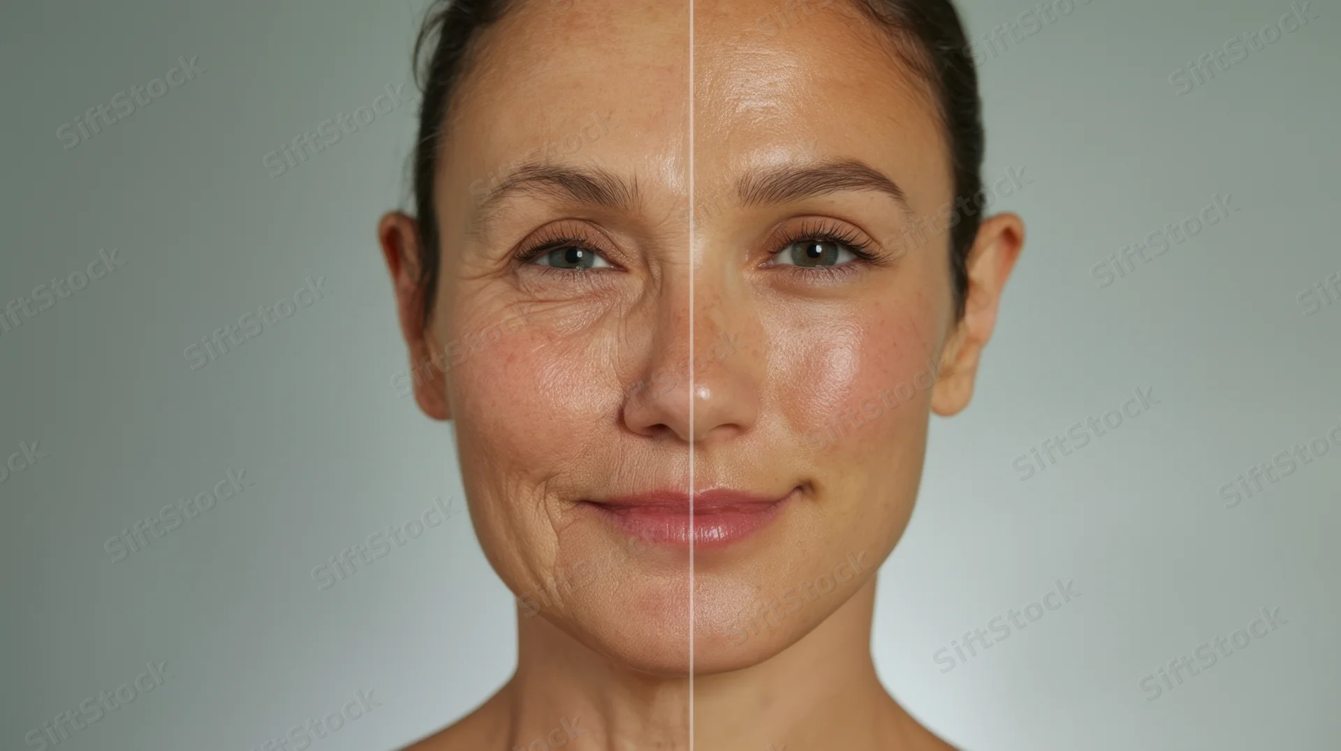 Woman's face split down the middle showing before and after skincare treatment with visible wrinkles on one side and smooth skin on the other against a neutral gray studio background