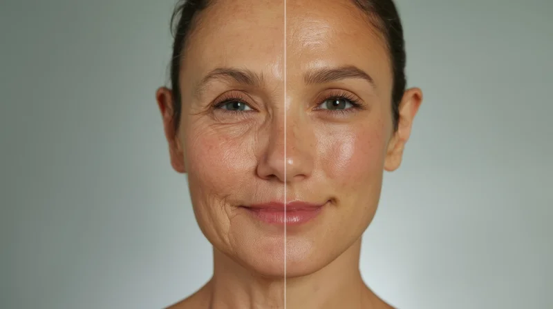 Woman's face split down the middle showing before and after skincare treatment with visible wrinkles on one side and smooth skin on the other against a neutral gray studio background