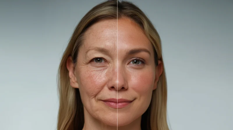 Woman's face split down the middle showing before and after skincare treatment results