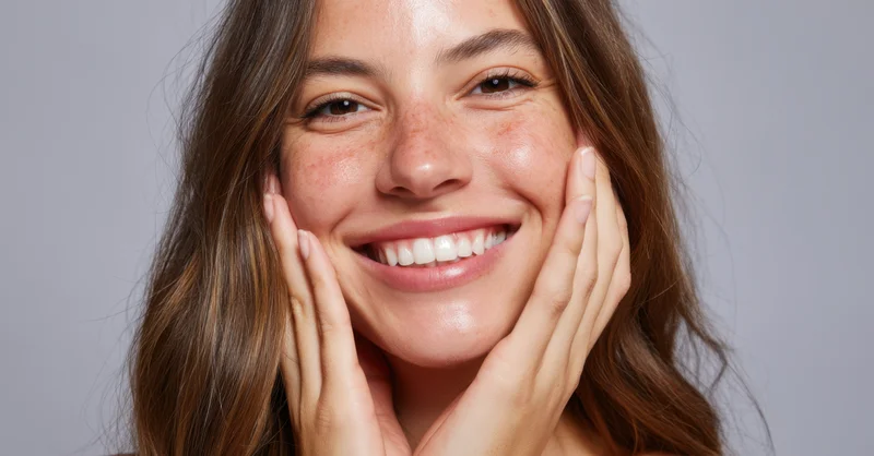 Woman smiling with hands on cheeks showing healthy glowing skin
