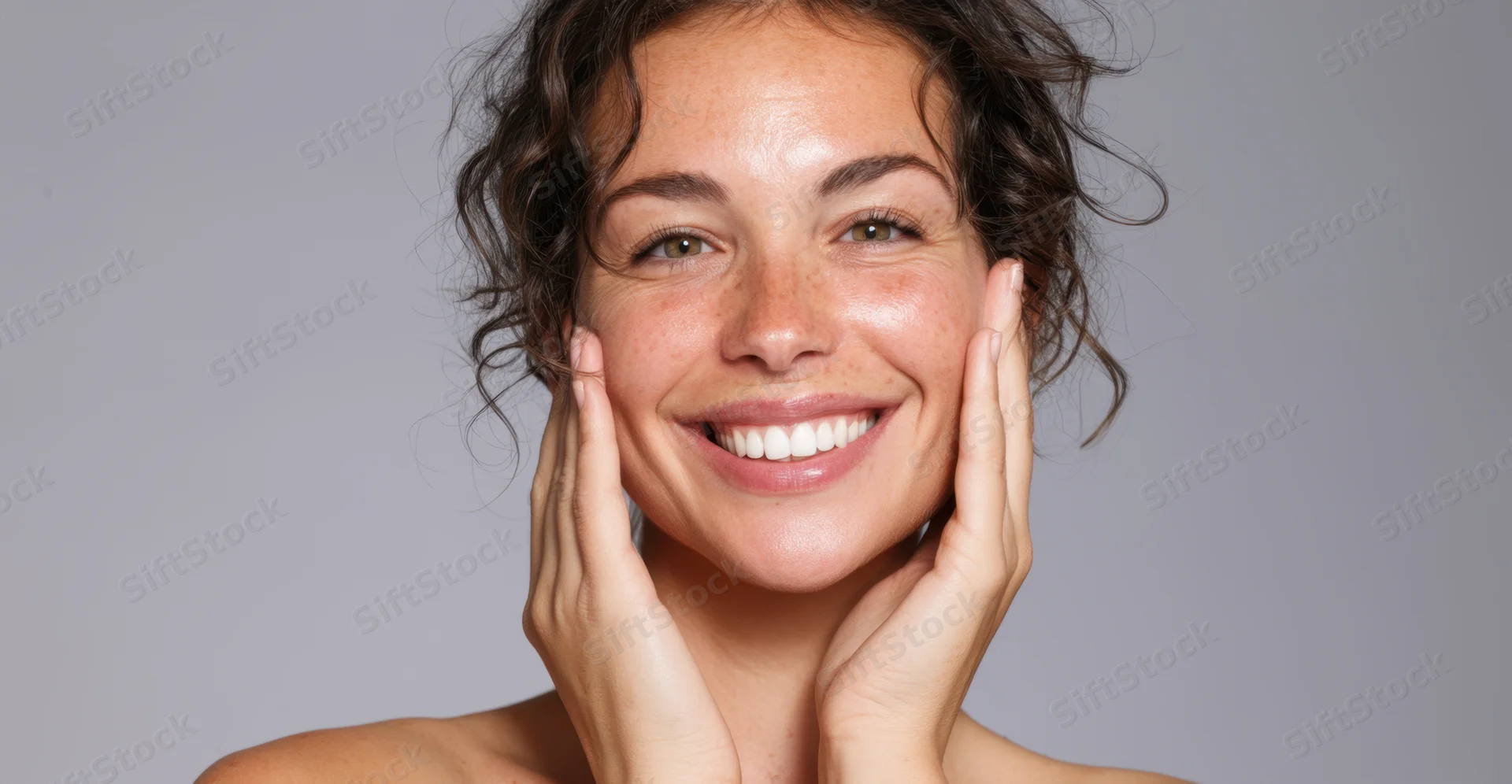 Woman smiling with hands on her face against gray background