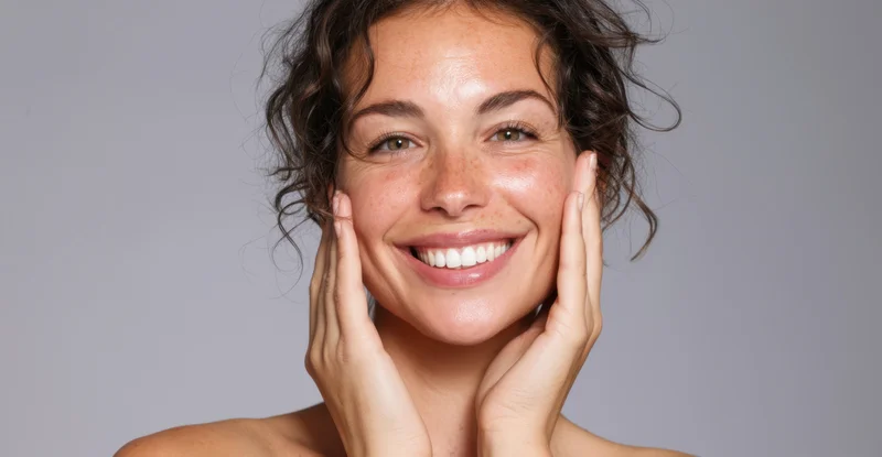 Woman smiling with hands on her face against gray background