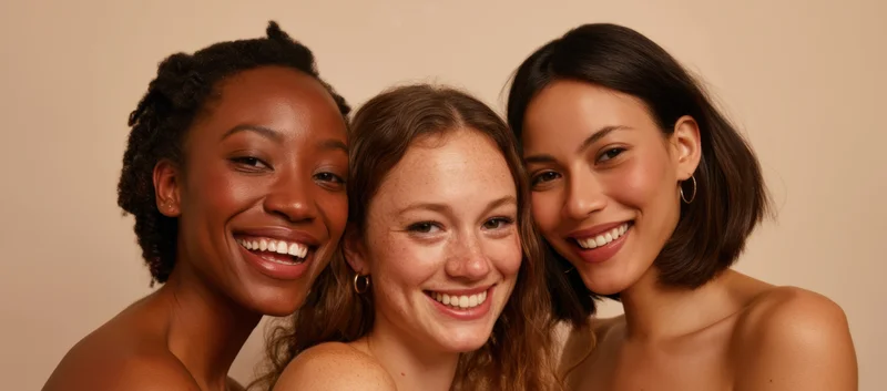 Three women smiling closely together in a studio portrait with bare shoulders and natural skin