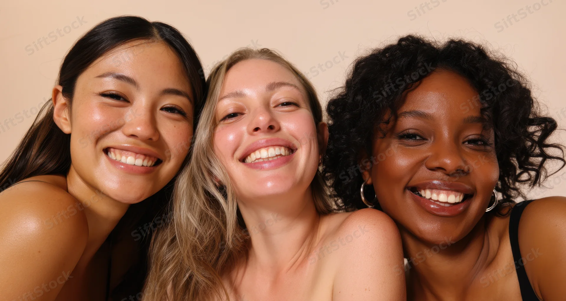 Three smiling women of diverse ethnicities posing closely together in a studio portrait
