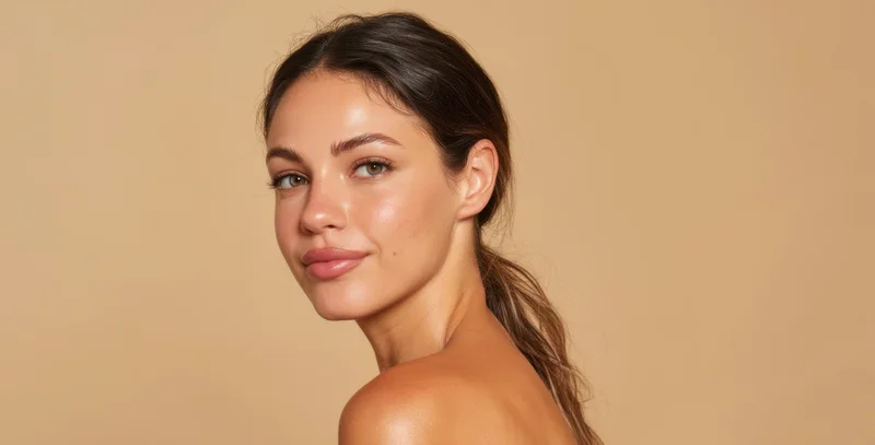 Woman with smooth skin and ponytail looking over shoulder in studio setting
