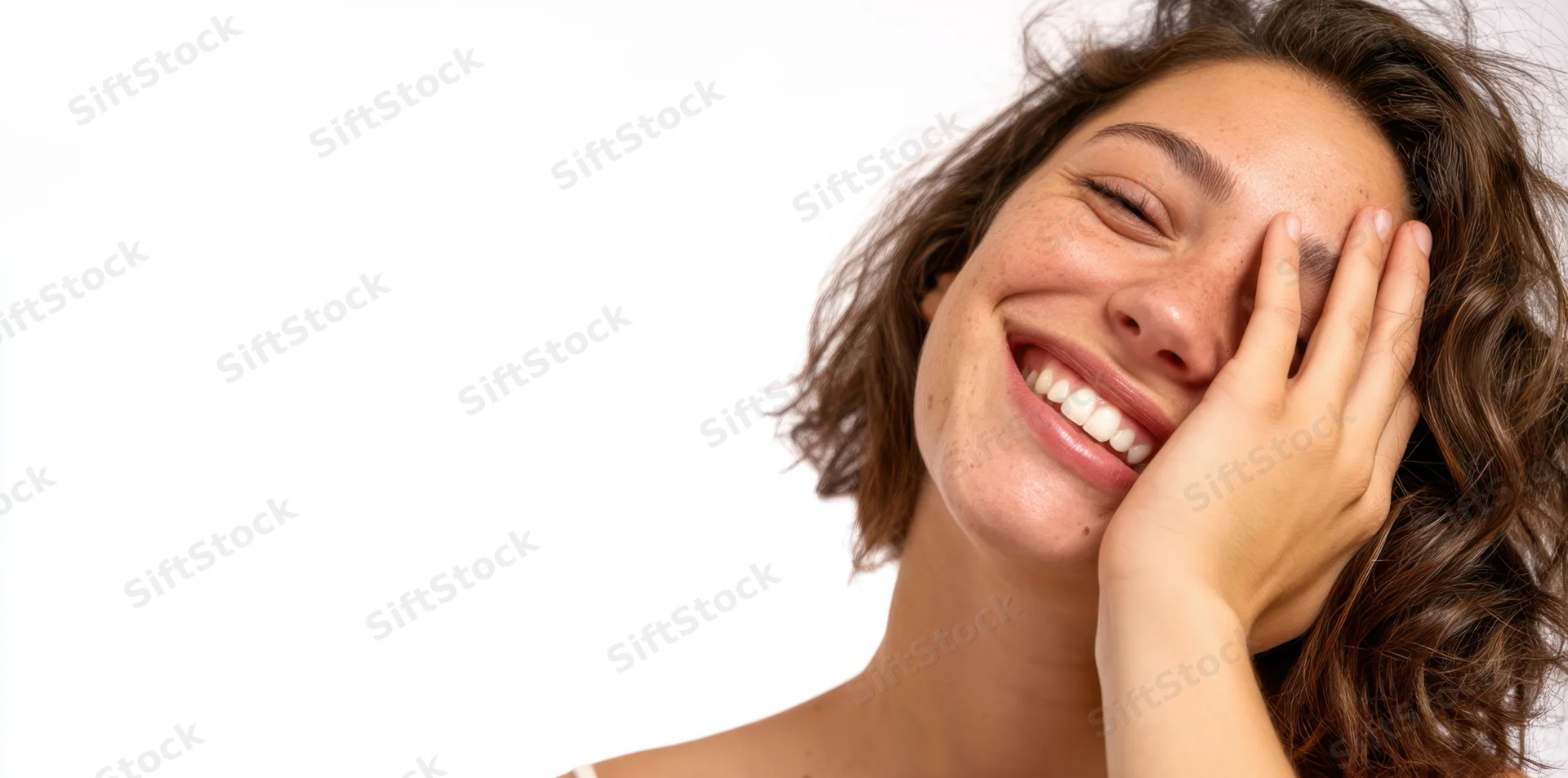 Woman smiling with hand on face against white background