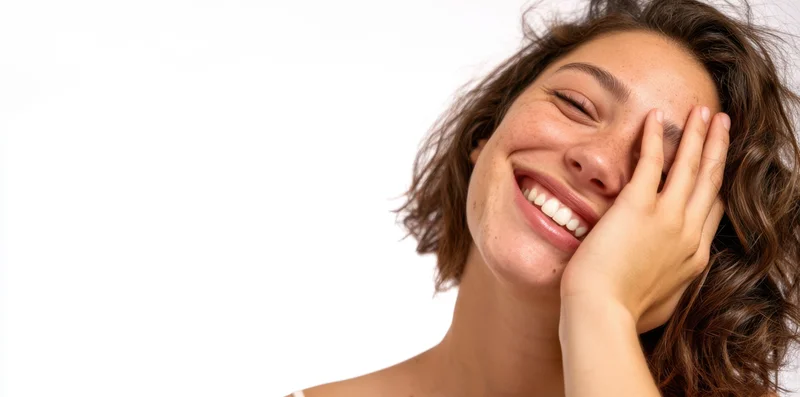 Woman smiling with hand on face against white background
