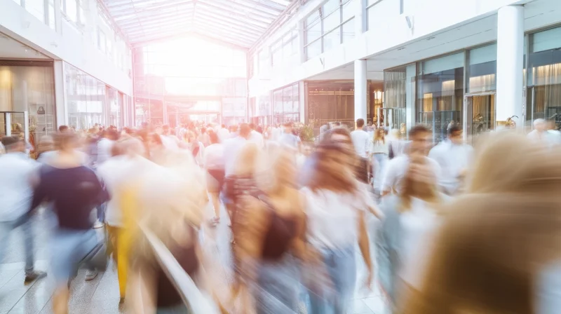 Blurred crowd moving through a modern shopping mall interior