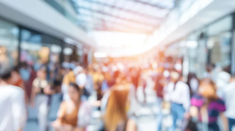 Blurred crowd of people walking through a modern shopping mall interior