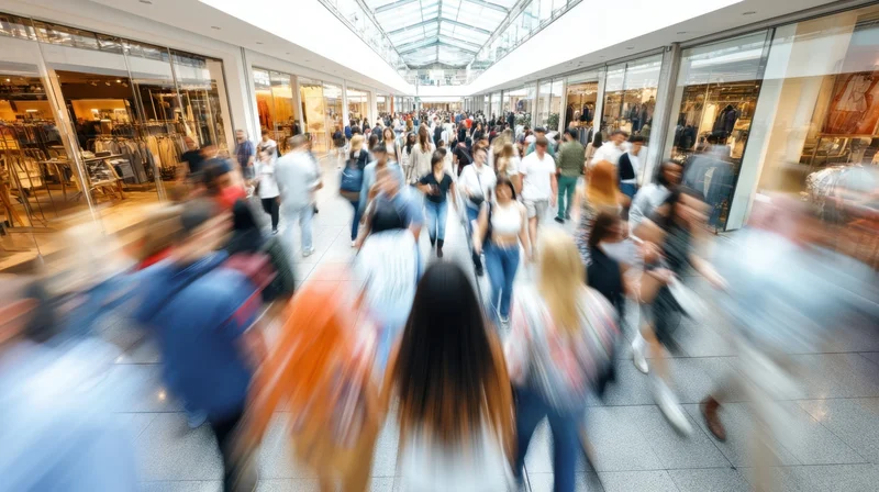 Blurred crowd of shoppers moving through a modern indoor mall with glass storefronts and skylight ceiling
