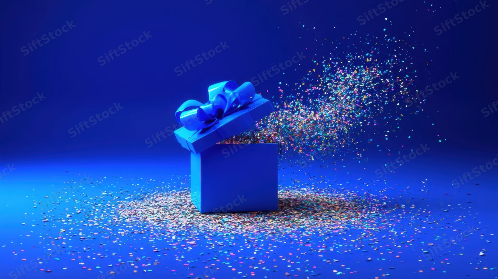 Blue gift box opening with confetti bursting out on a blue background