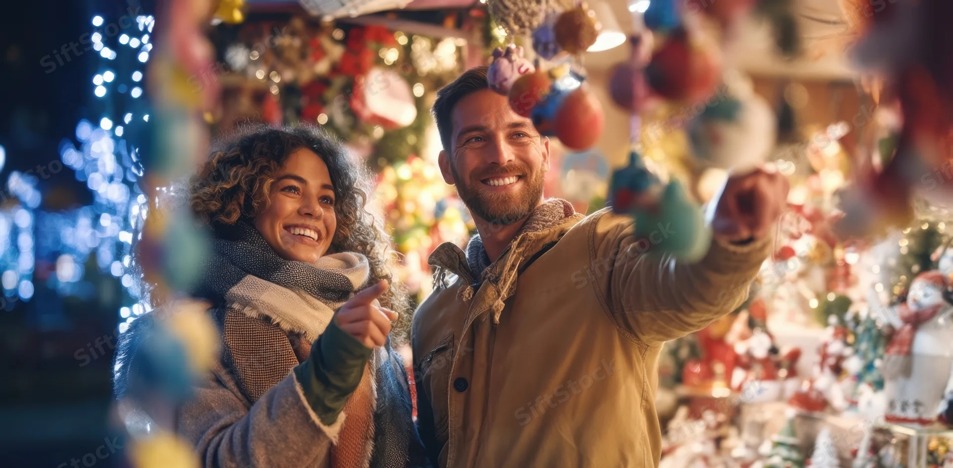Couple smiling and pointing at christmas ornaments at a festive outdoor market