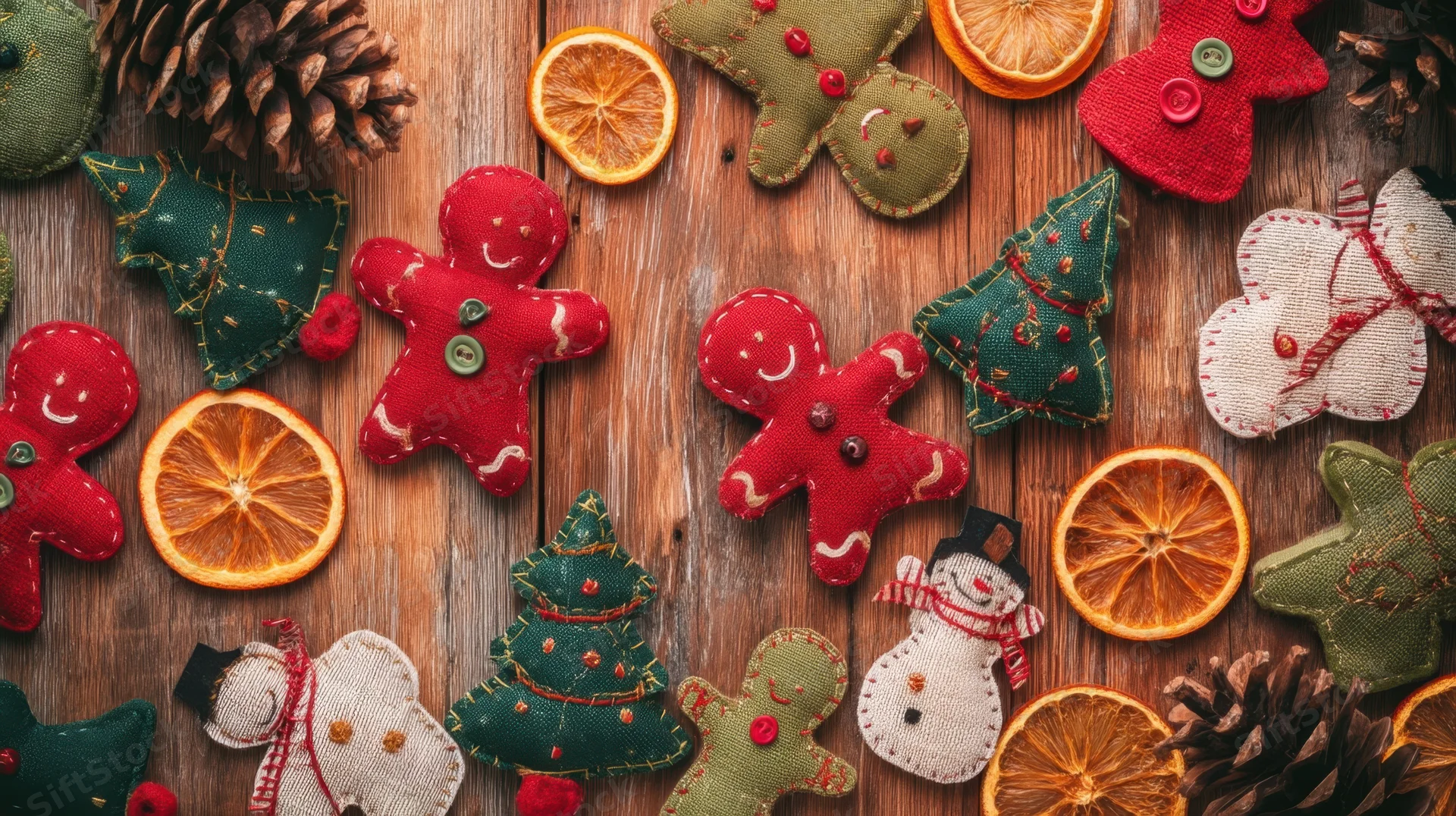 Handmade christmas ornaments and dried oranges arranged on a wooden table