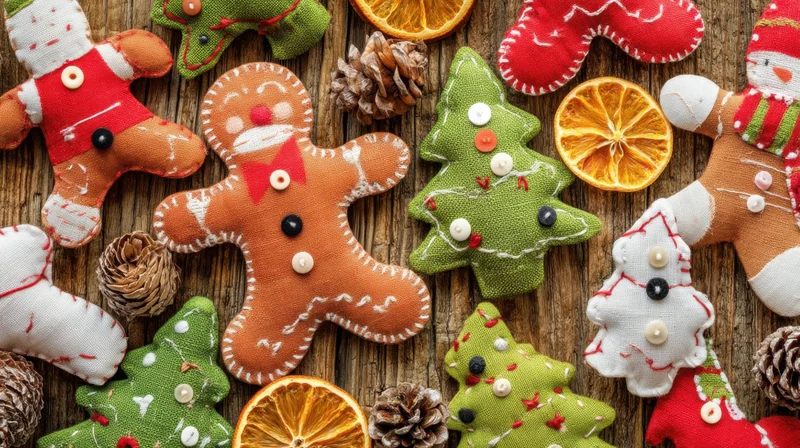 Handmade fabric christmas ornaments and dried oranges arranged on wooden surface