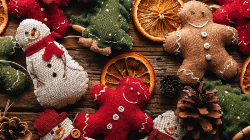 Handmade fabric christmas ornaments and dried oranges arranged on rustic wooden surface